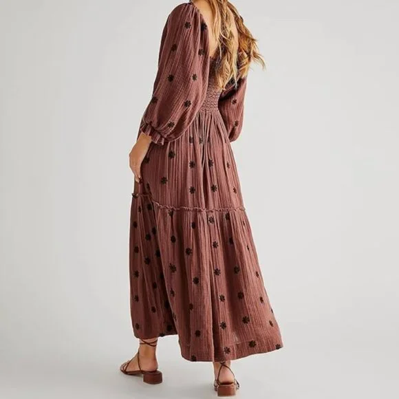 Fall Floral Embroidered Boho Maxi Dress – Long Puff Sleeve - Picture 2 of 3
